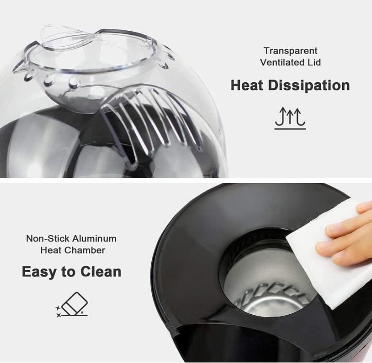 Hot Air Popcorn Maker for Home Use – Electric Mini Tabletop Popcorn Machine with Kettle Design, Easy Snack Maker