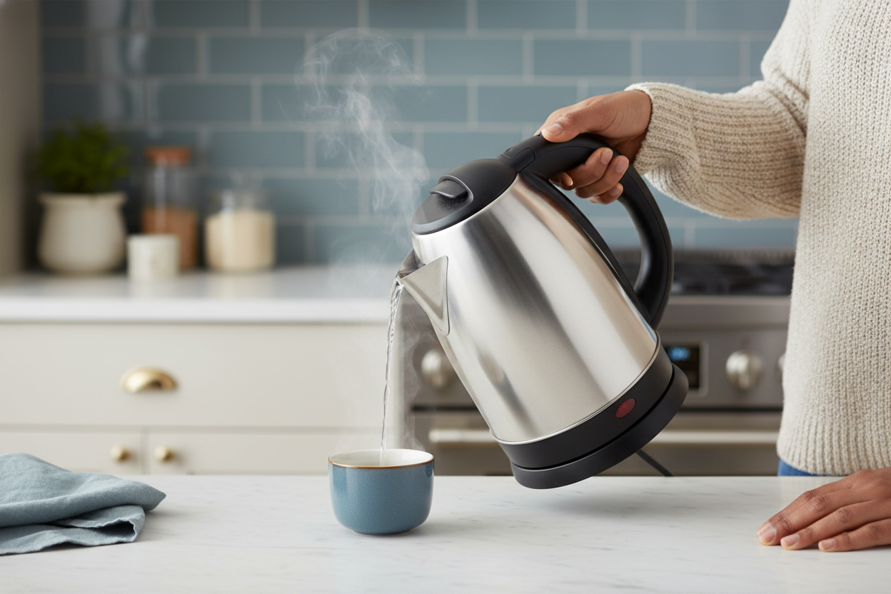 A black and silver stainless steel electric kettle on a modern kitchen counter, with steam rising as a person pours water int