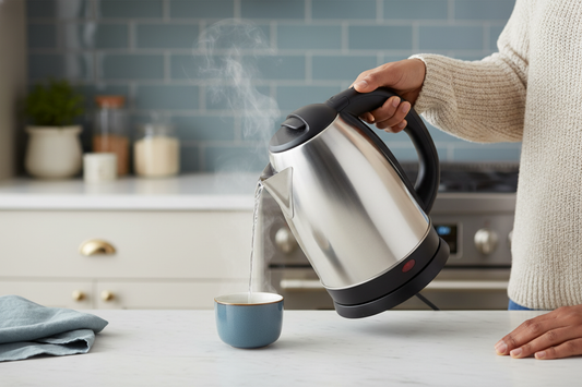 A black and silver stainless steel electric kettle on a modern kitchen counter, with steam rising as a person pours water int